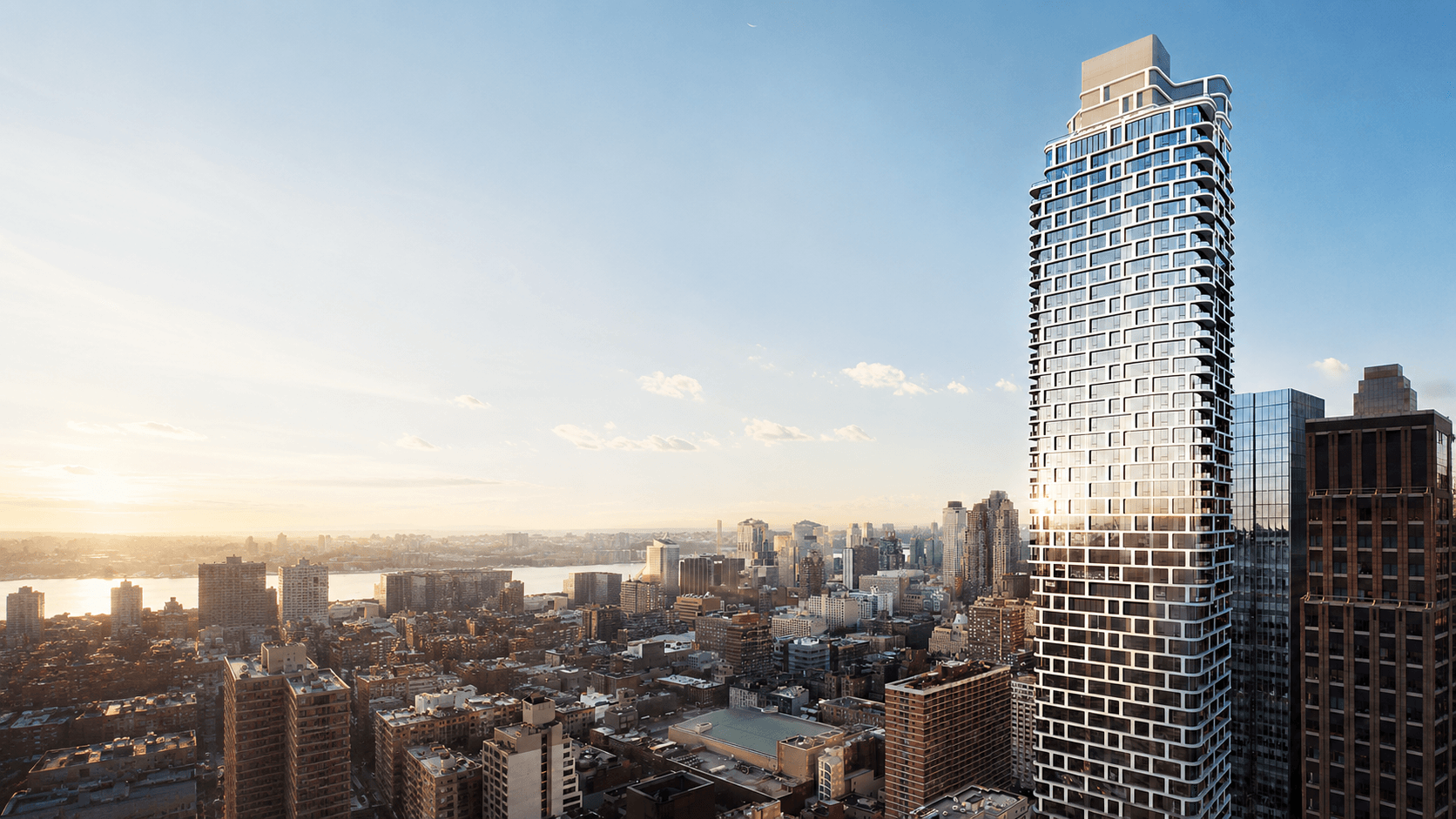 Vue aérienne d'une tour urbaine au lever du soleil